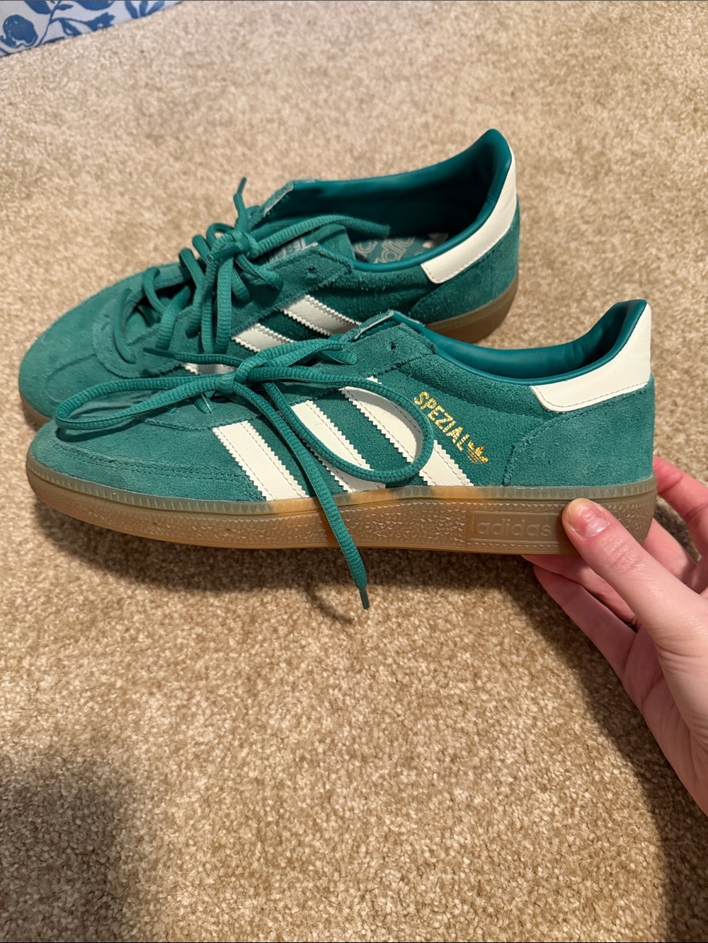adidas Spezial Suede Sneakers in Teal Green with White Stripes and Gum Sole